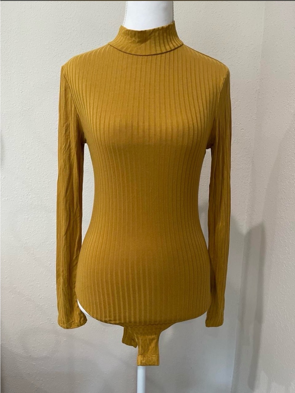 Ambiance Ribbed Mock Neck Long-Sleeve Bodysuit in Mustard
